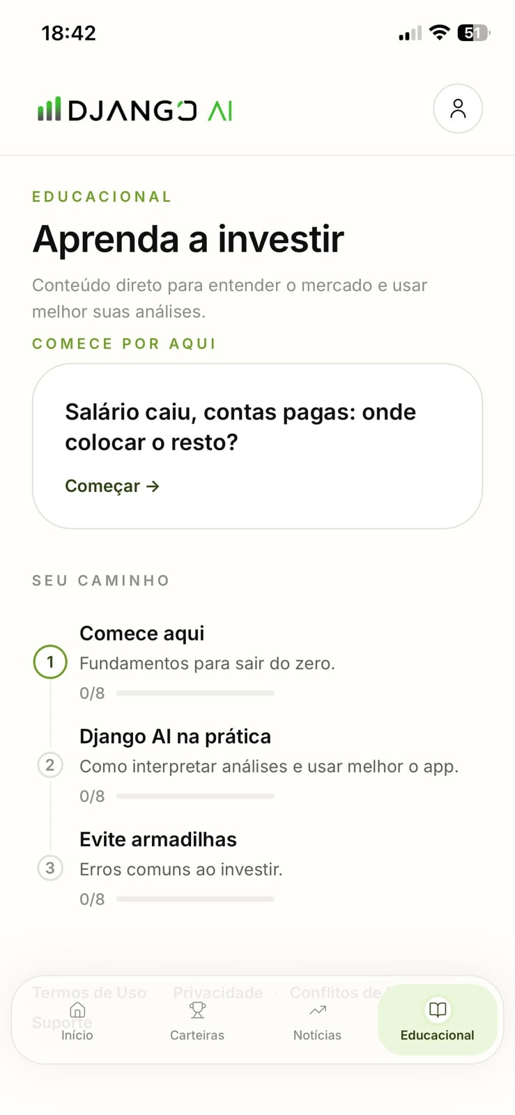 Django AI, área Educacional com trilhas para aprender a investir e usar o app.