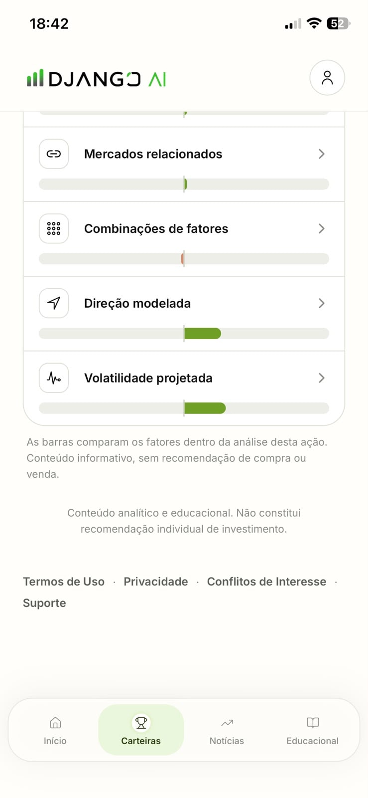 Django AI, fatores da análise de uma ação com barras comparativas, como direção modelada e volatilidade projetada.